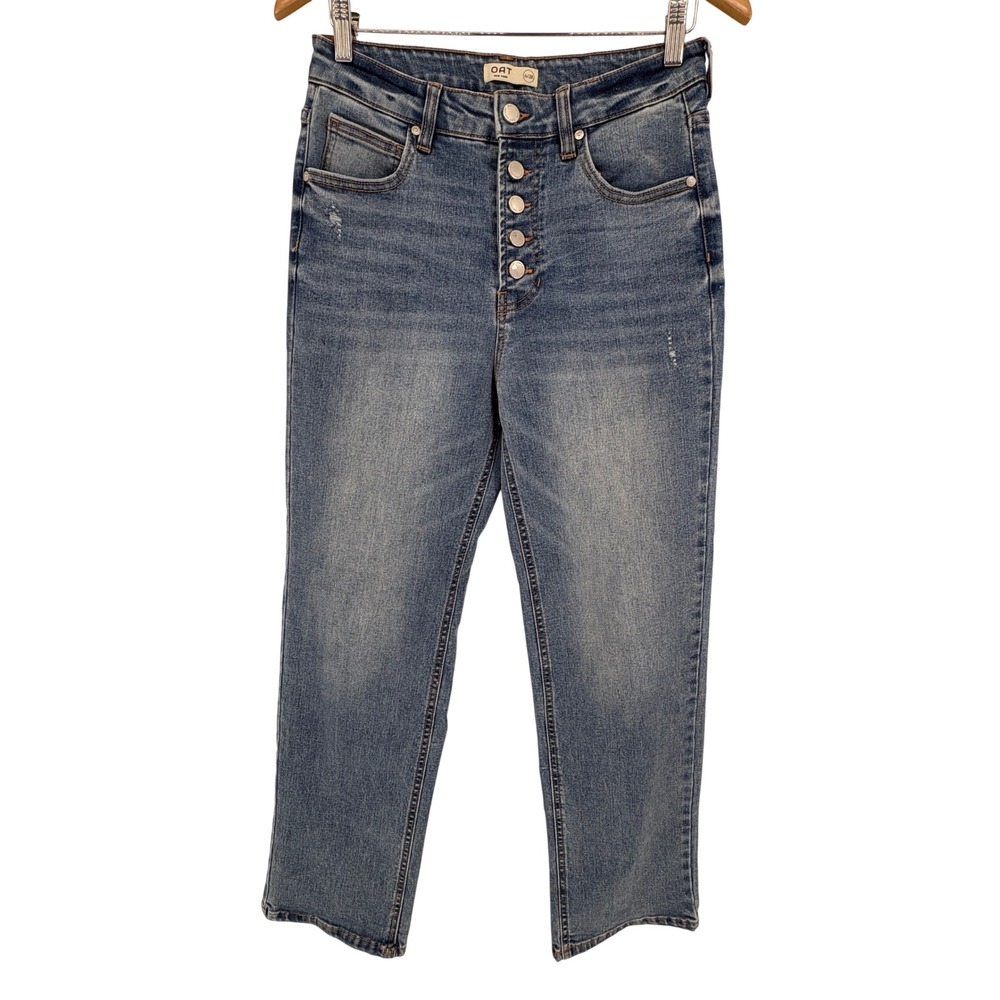 OAT New York Mid Rise Kick Flare Jeans Size 6/28 Blue Denim Button Fly Versatile